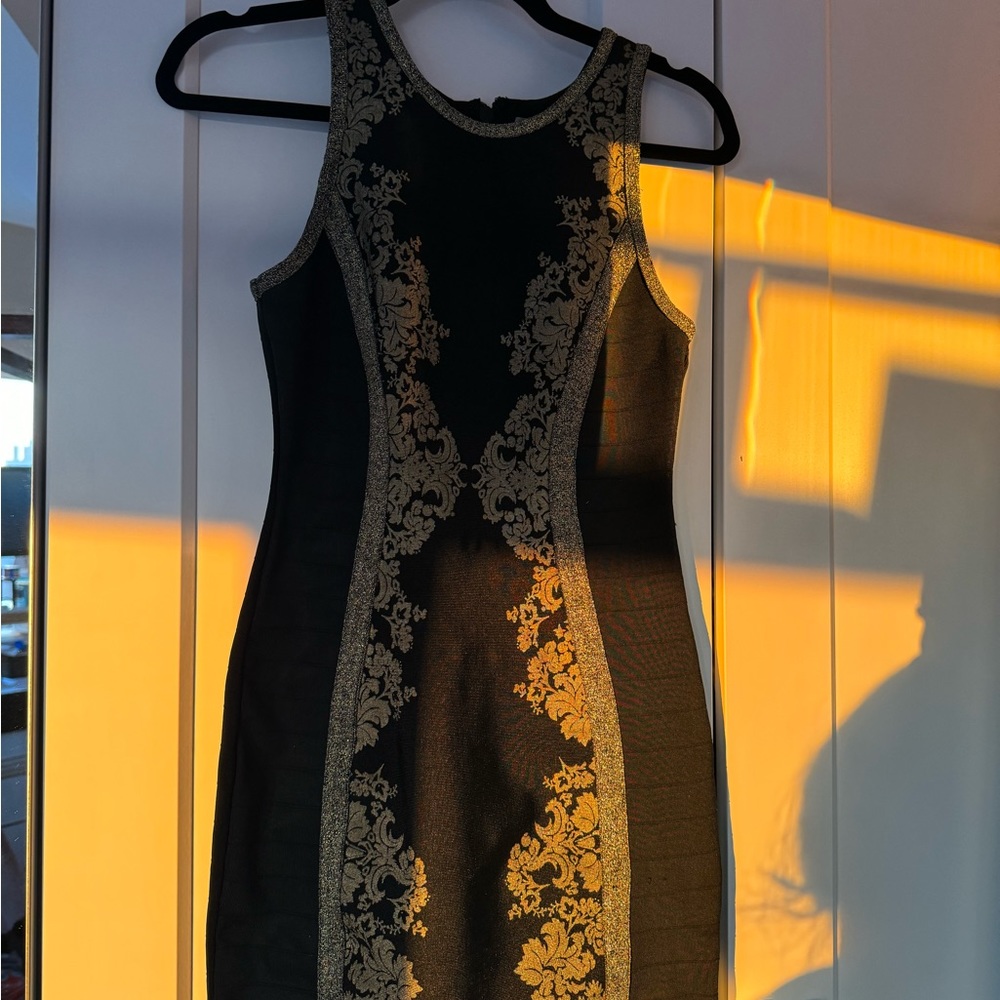 WowCouture Black and Gold Bandage Dress
